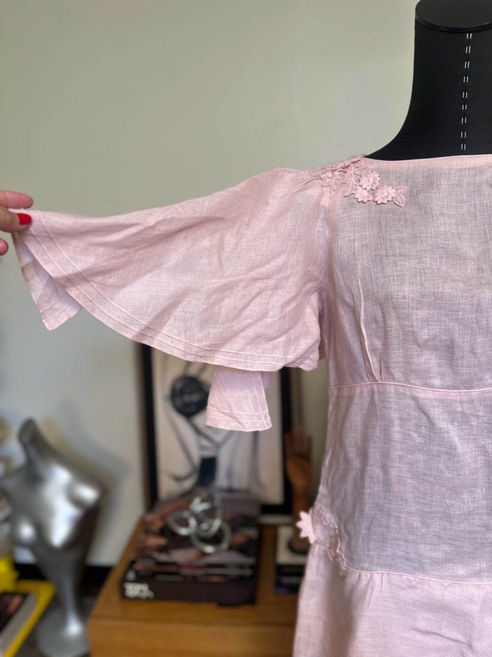 Light Pink Linen Midi Dress with Ruffle Detail - Picture 7 of 8